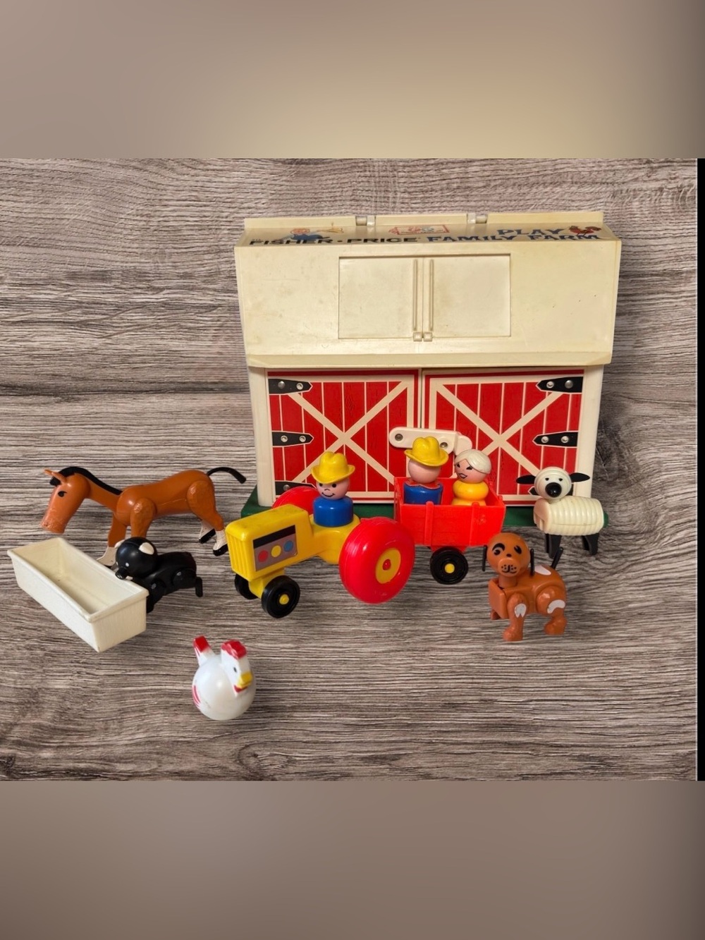 Vintage 1967 Fisher Price Play Farm With Animals, People, Barn